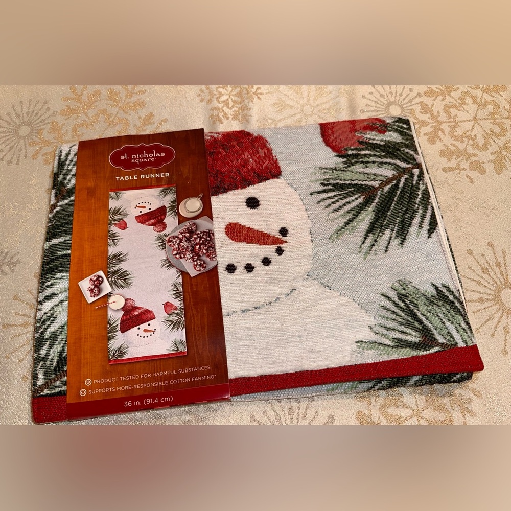 NWT St. Nicholas Square Festive Snowman Table Runner - Red, Green, White